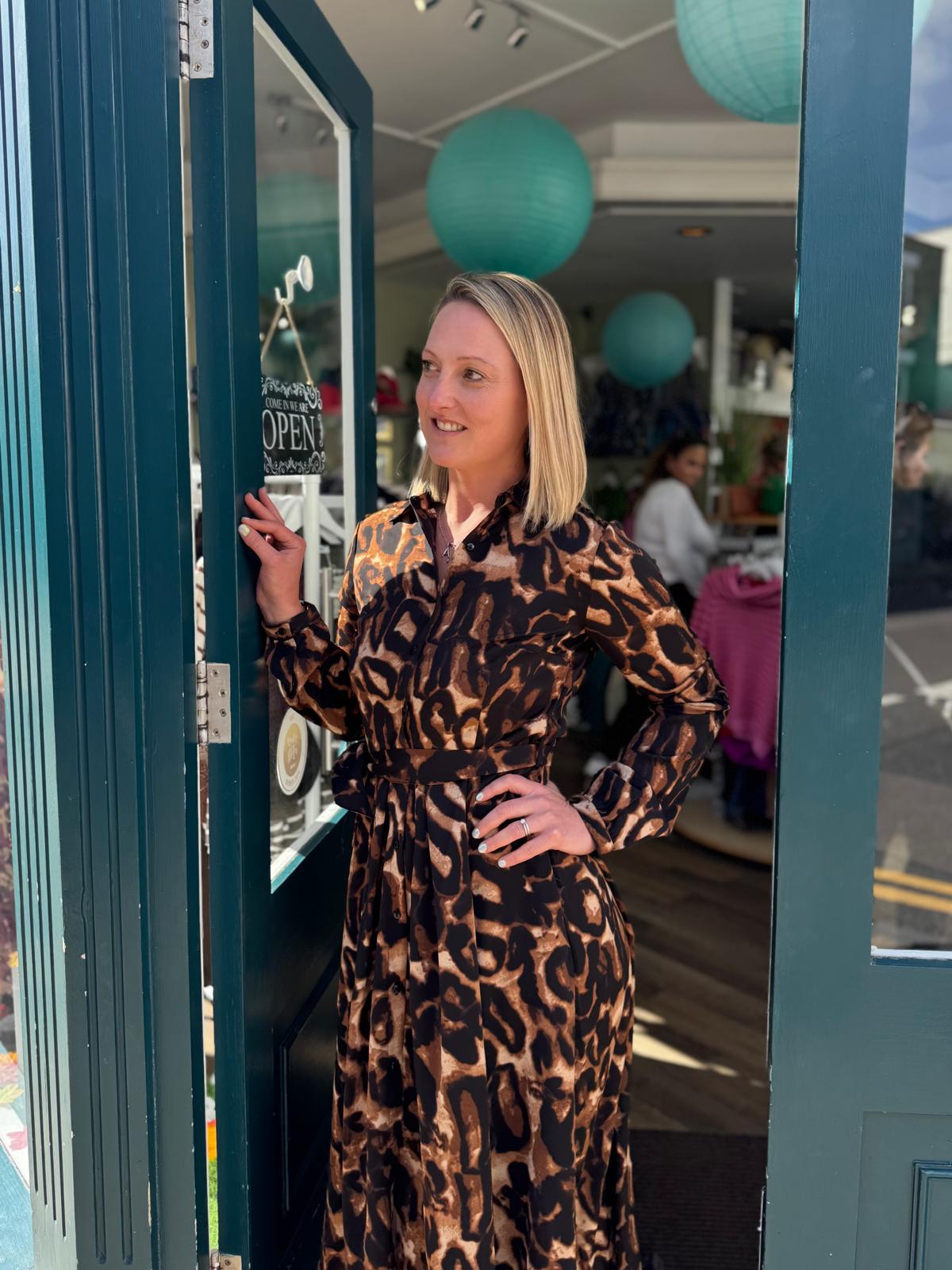 Grace Brown & Camel Leopard Print Midaxi Shirt Dress