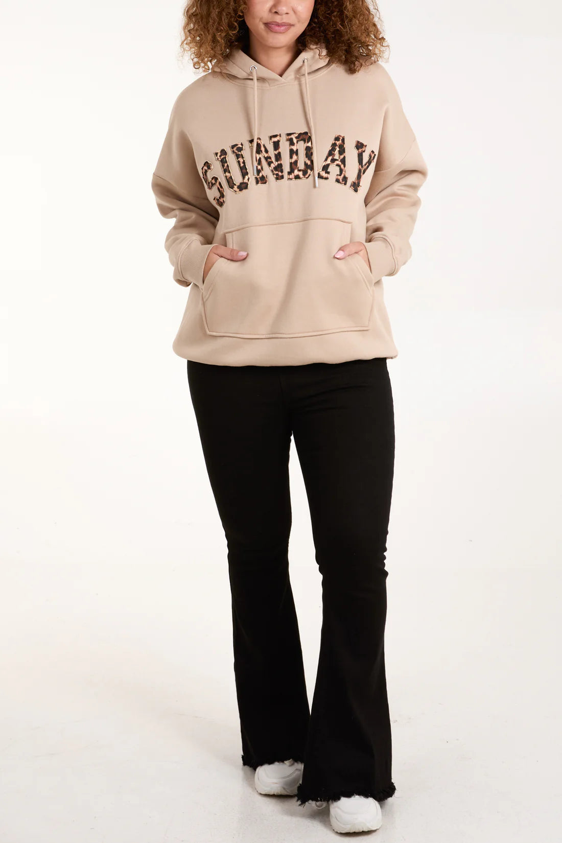 Sunday Warm Beige Hooded Sweatshirt With Leopard Print “Sunday” Appliqué Logo