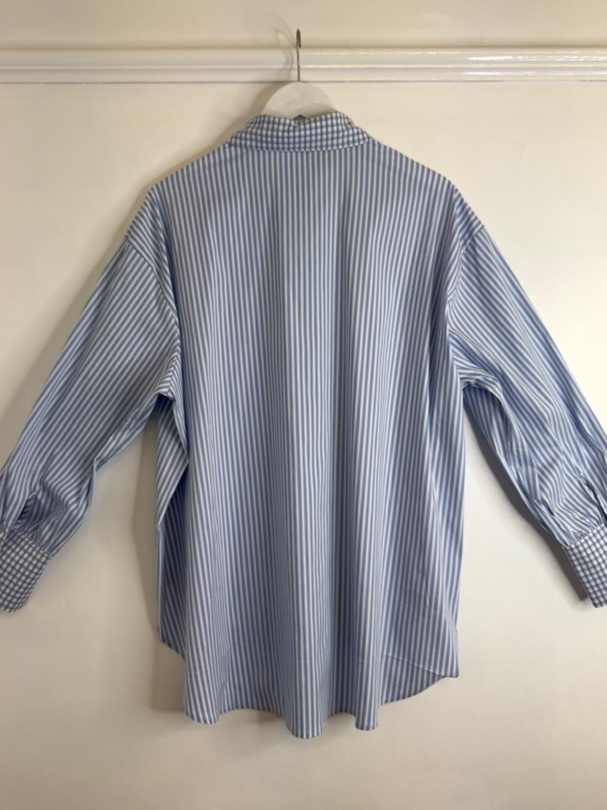 Lily Heart Appliqué Blue Striped Oversized Cotton Shirt