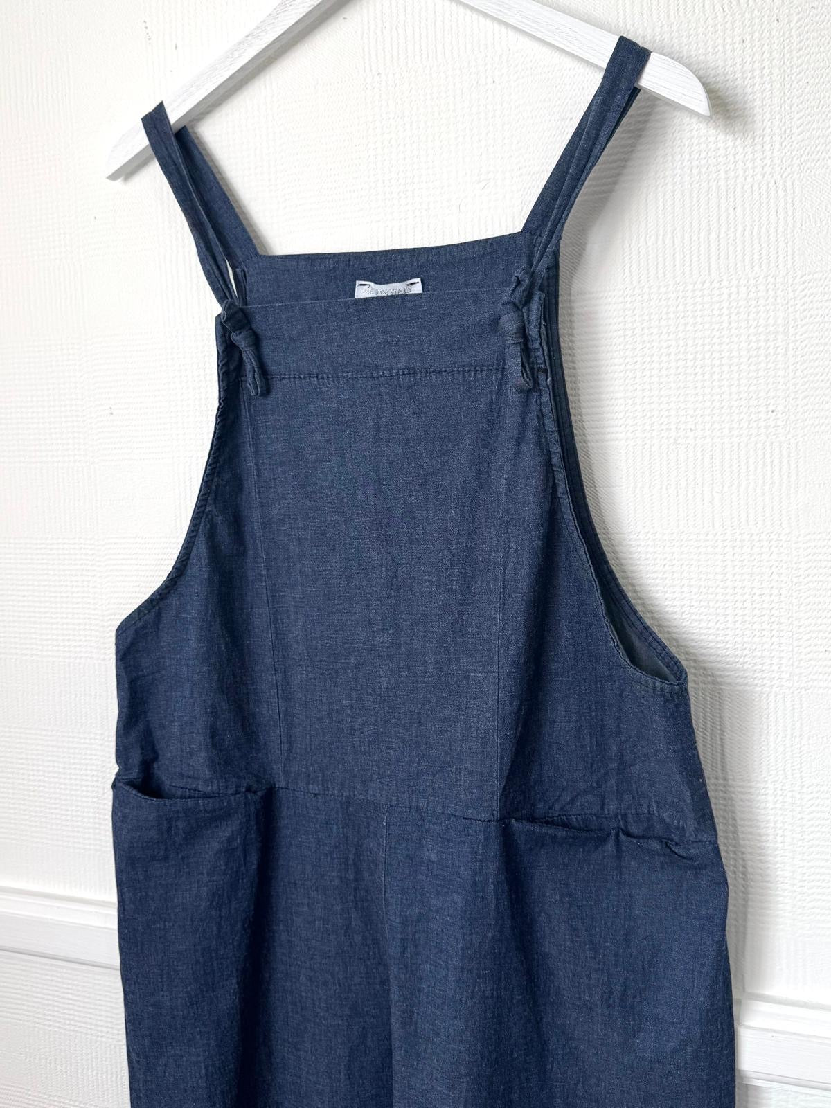 Pippa Denim Wash Cotton Dungarees With Knot Fastening - Dark Or Medium Wash