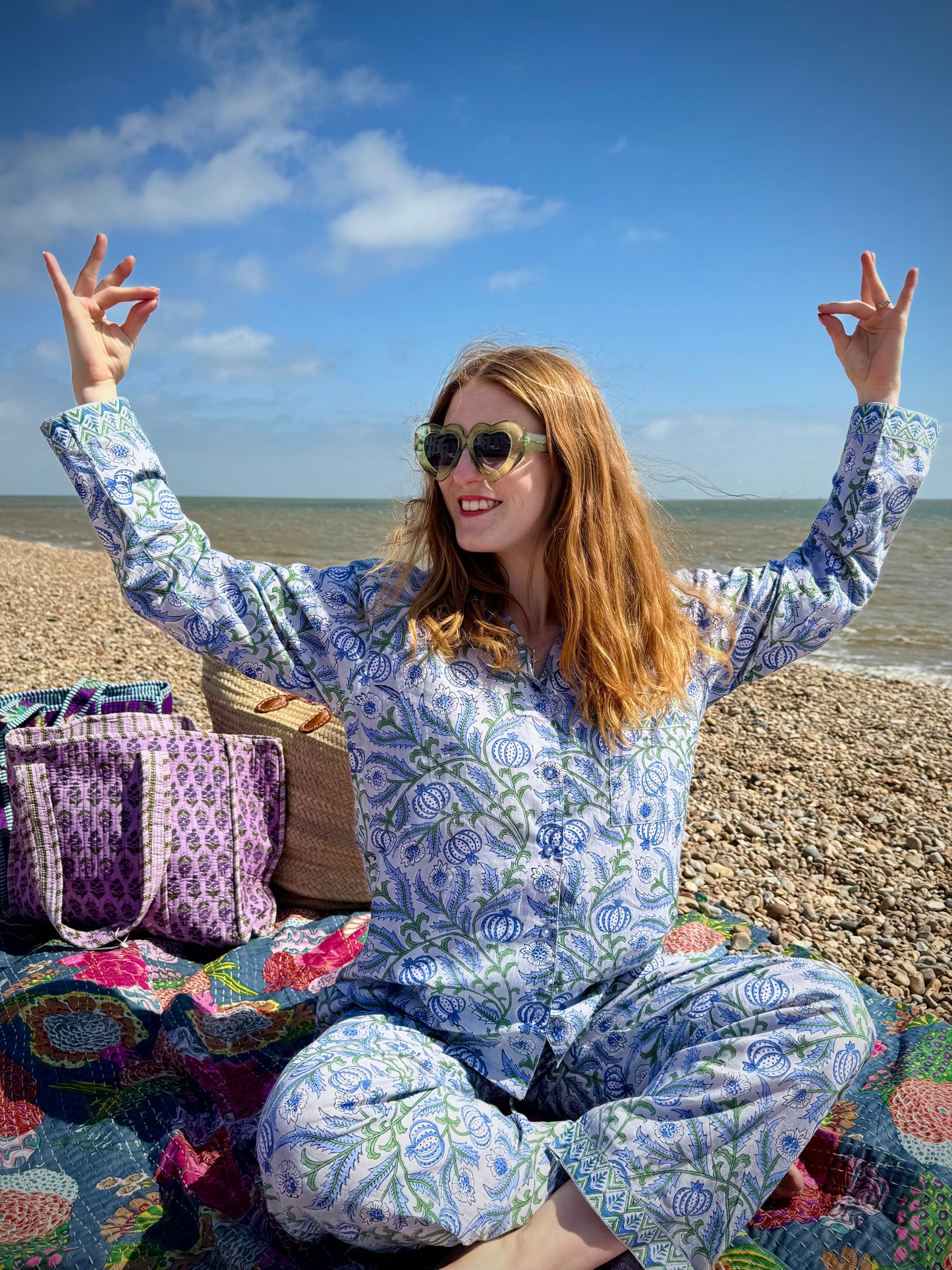 Tamarisk Bazaar Hand Block Printed Indian Cotton Pyjamas- Blue & Grey Floral