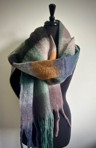 Cosy Chats Muted Autumnal Checked Blanket Scarf