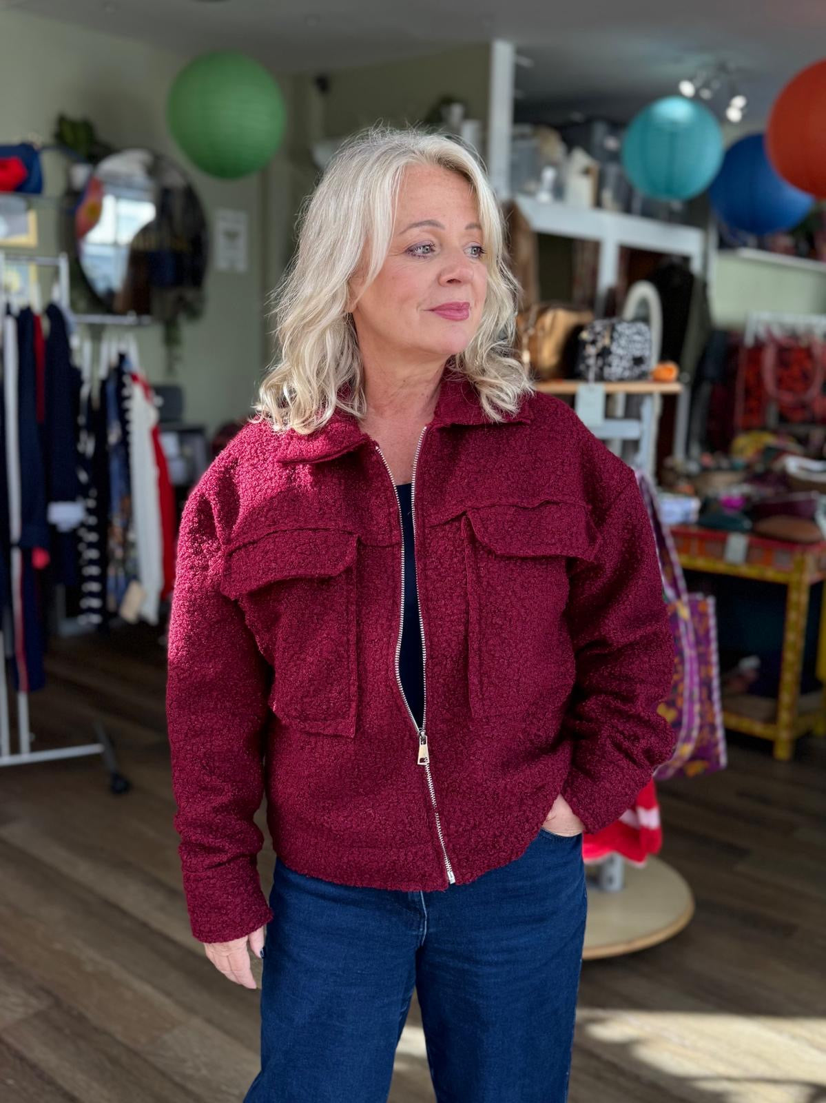 Paula Boucle Short Utility Style Bomber Jacket - Beige Or Burgundy