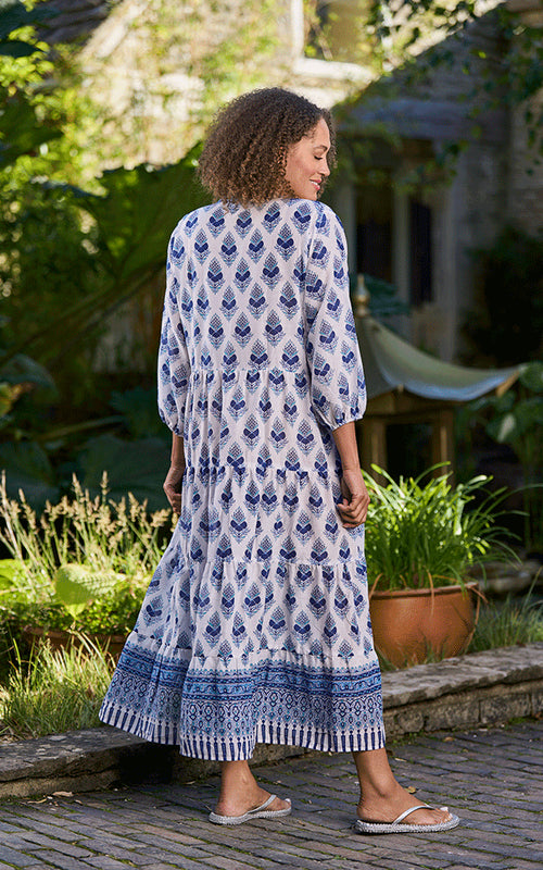 India Block Print Indian Cotton Loose Tiered Dress - Blue & White