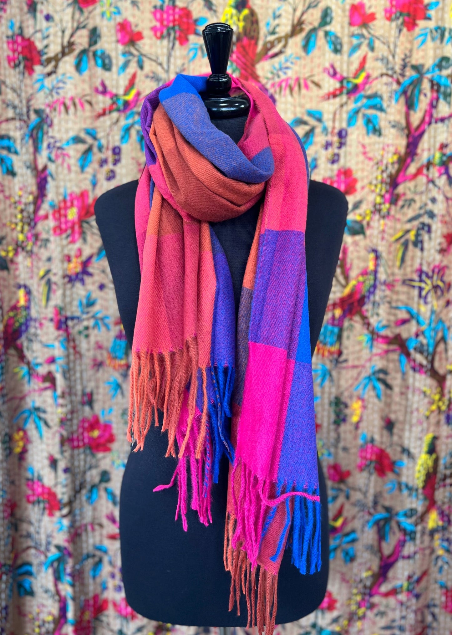 Winter Brights Checked Pashmina Style Scarf - Jewel Pinks, Blues, Purples & Corals