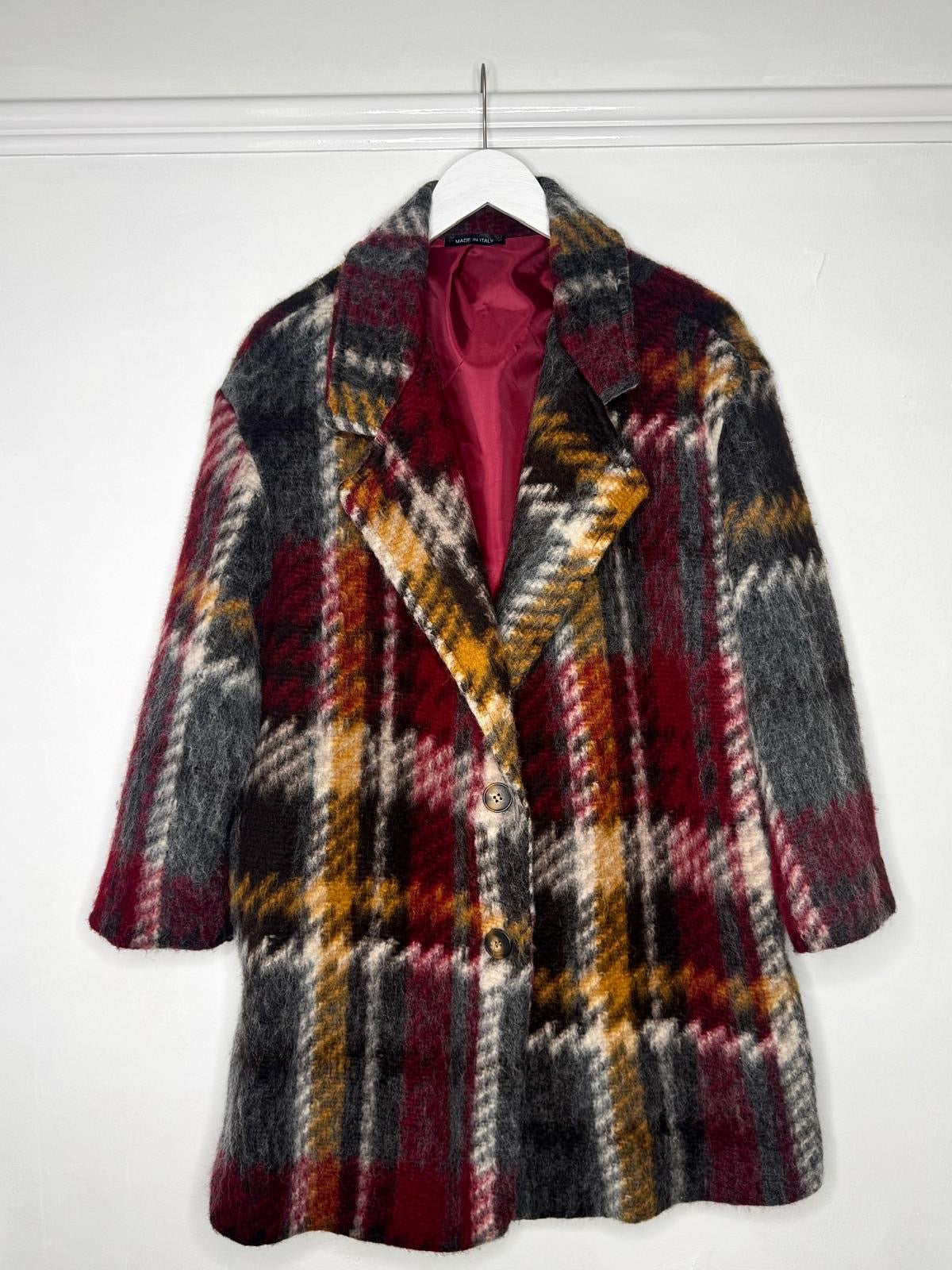 Ava Wool Blend Tartan Style Checked Coat - Burgundy, Mustard & Grey Check