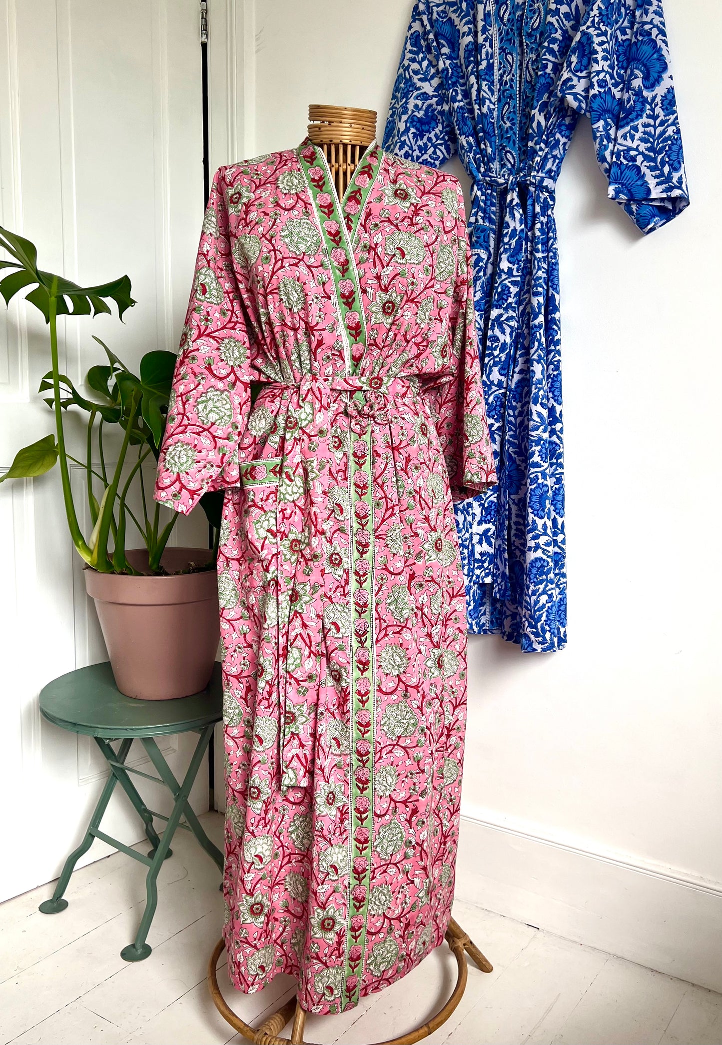 Rosa Hand Block Printed Indian Cotton Dressing Gown Robe - Pink Floral