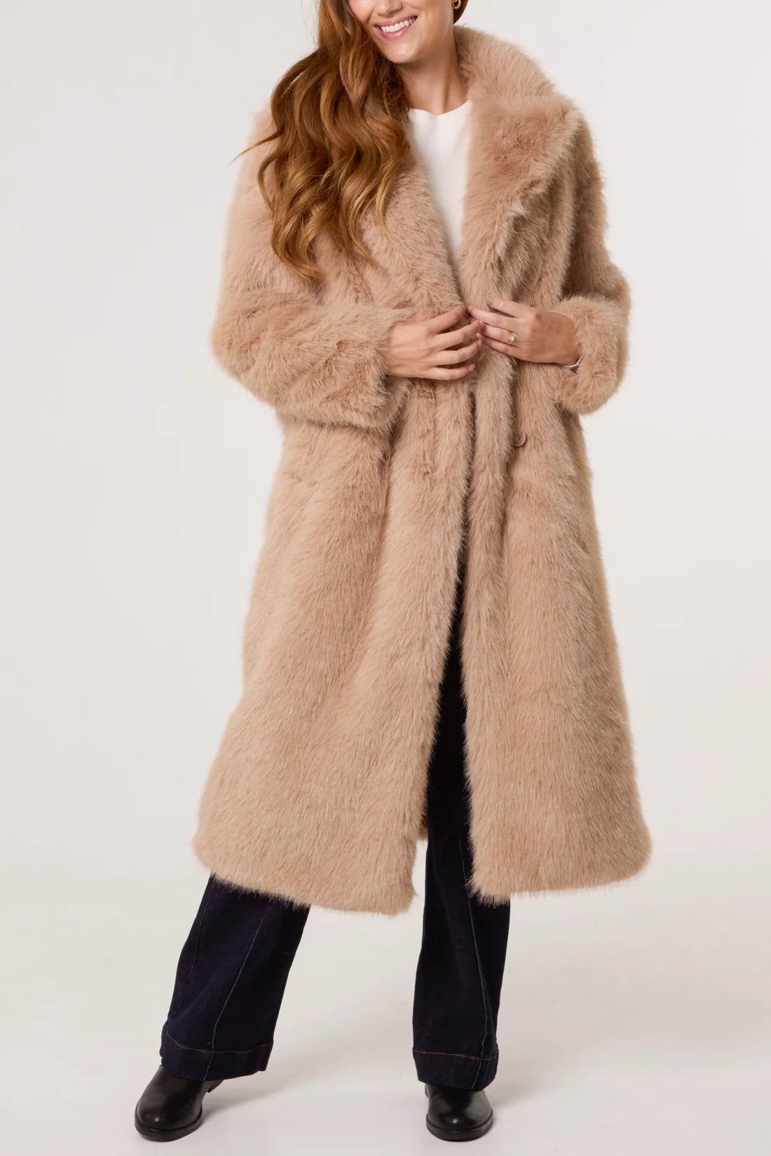 Ella Premium Faux Fur Longline Coat - Burgundy Or Warm Beige
