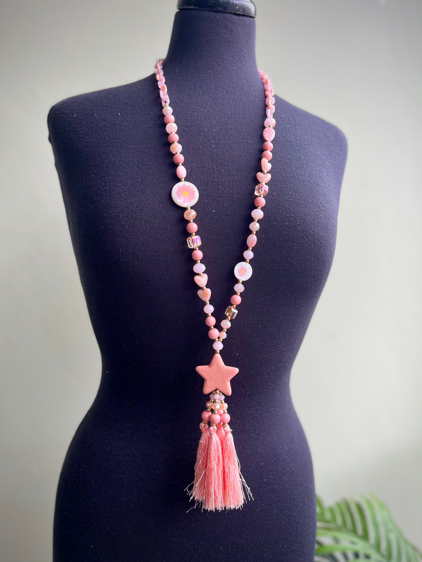 Star Detail Long Beaded Tassel Necklace - Coral Tones