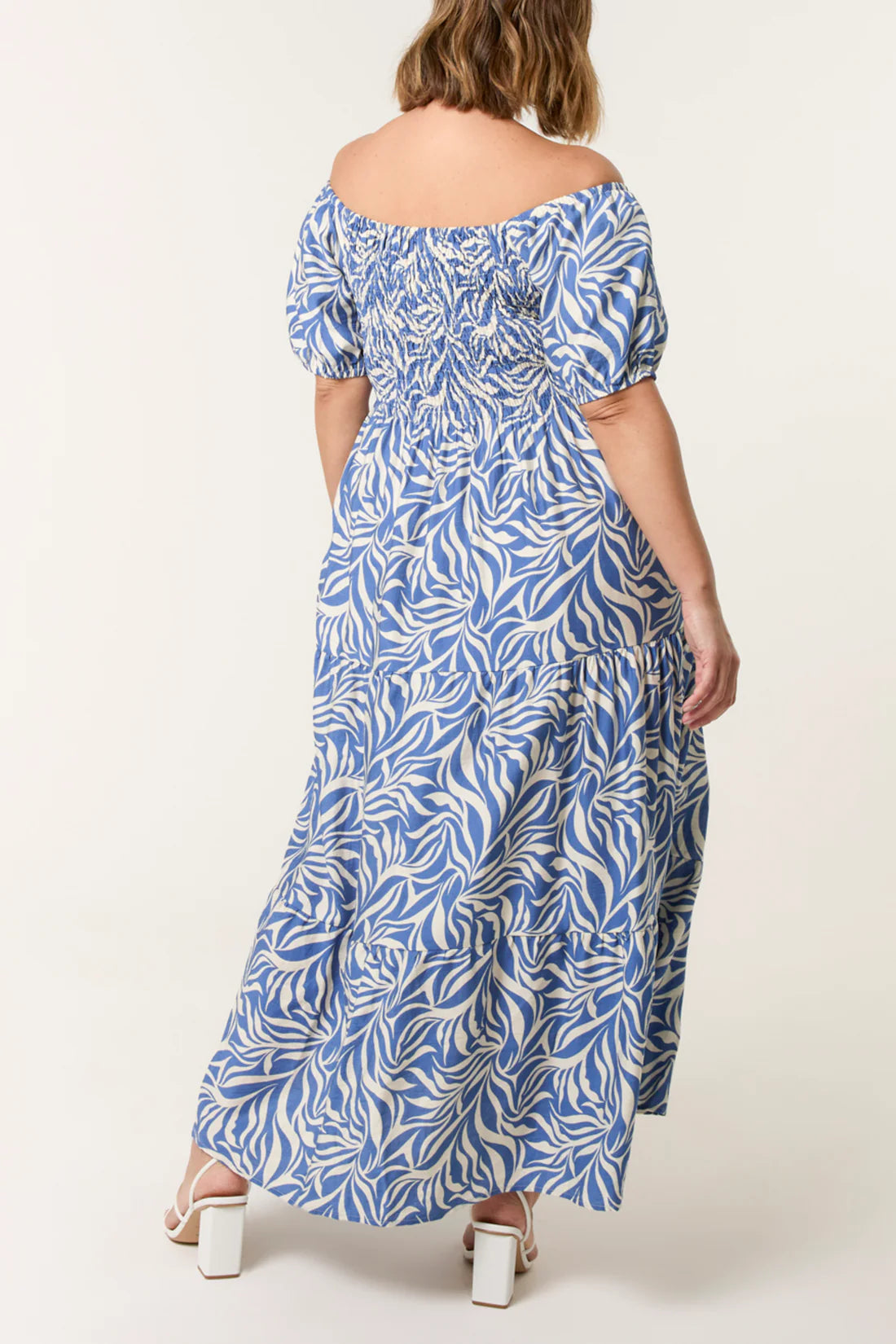 Tamarisk Curve Shirred Bodice Bardot Dress - Blue Botanical Print