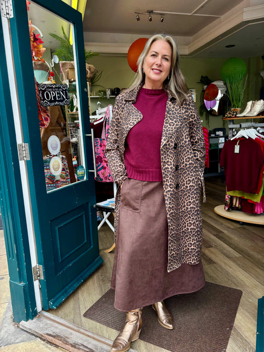 Faux Suede Leopard Print Trench Coat - One Size