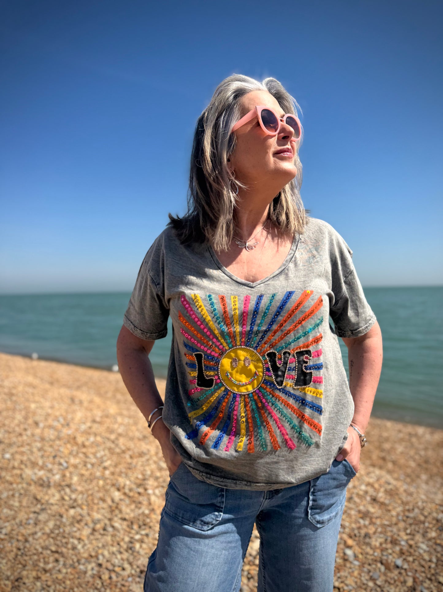Embellished LOVE Smiley Sunburst V Neck T-Shirt - Stone Wash Grey