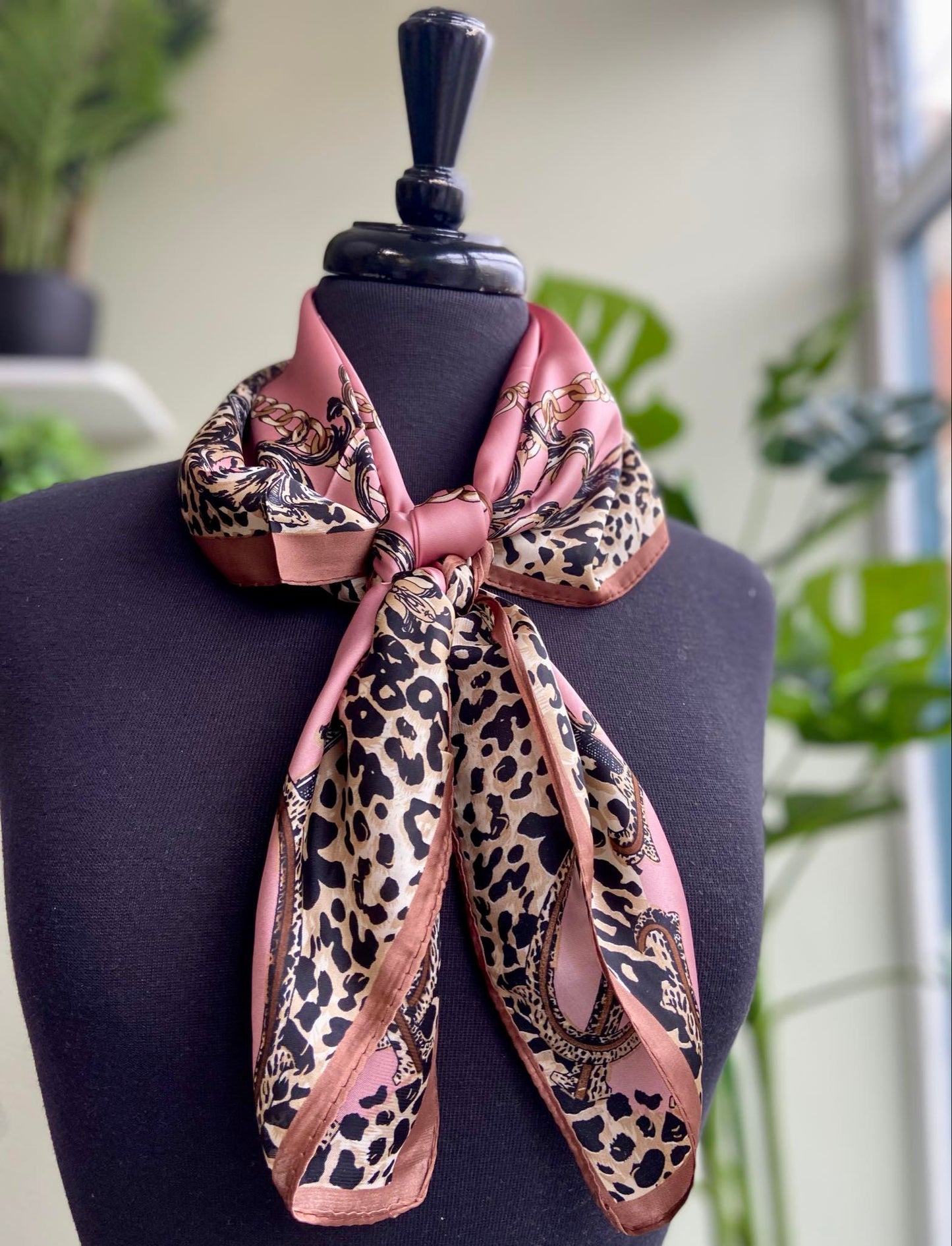 Nanette Small Square Silk Mix Scarf - Pink Leopard & Chain Print