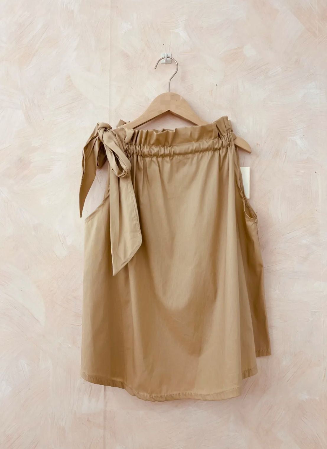 Mia Poplin Cotton Sleeveless Halterneck Top With Drawstring Neckline & Large Bow Tie - Black Or Camel Beige
