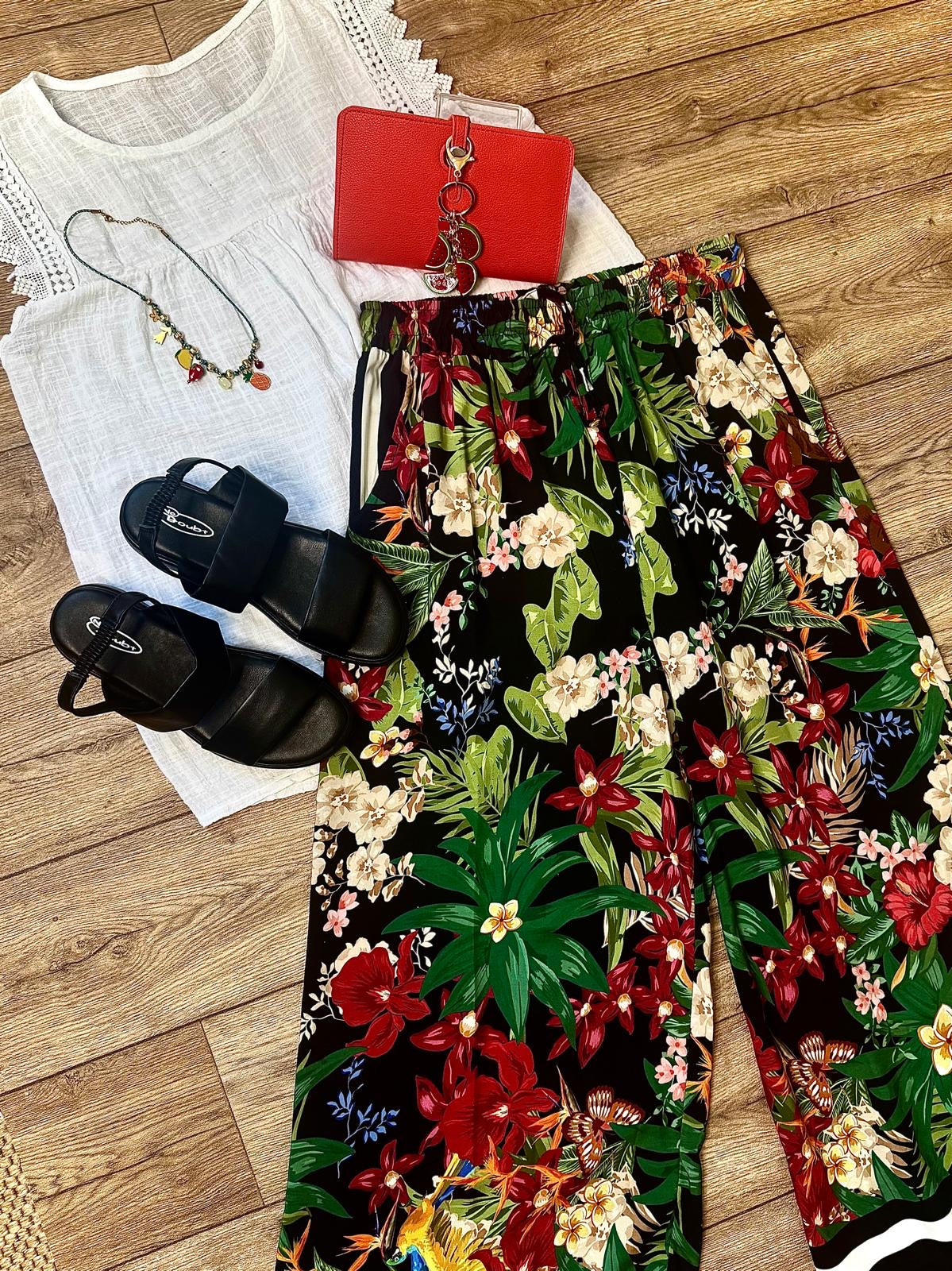 Ivy Black Floral Wide Leg Trousers With Stripe Border