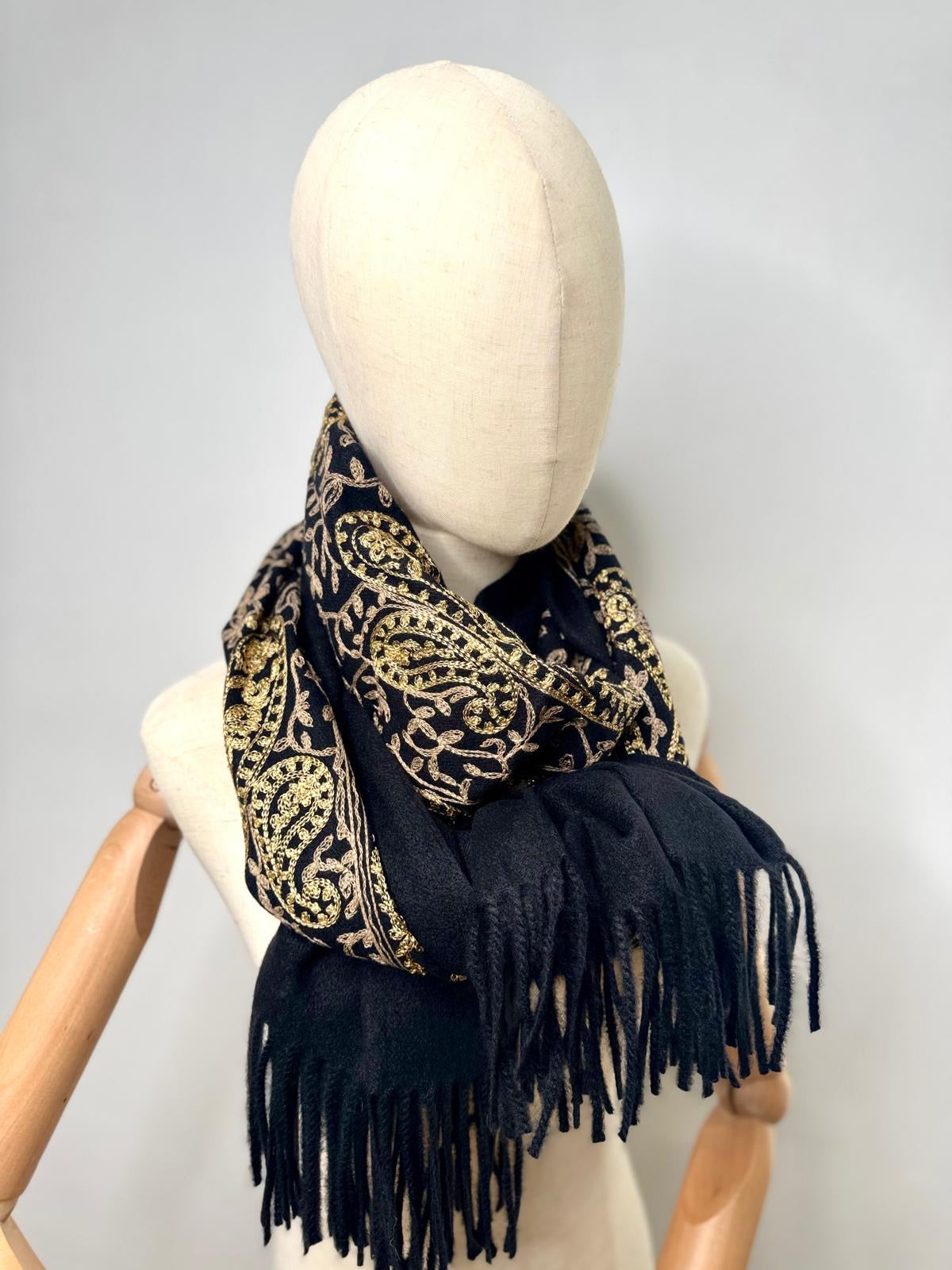 Ursula Gold Embroidered Paisley Design Wool Blend Pashmina Scarf - Black Or Navy