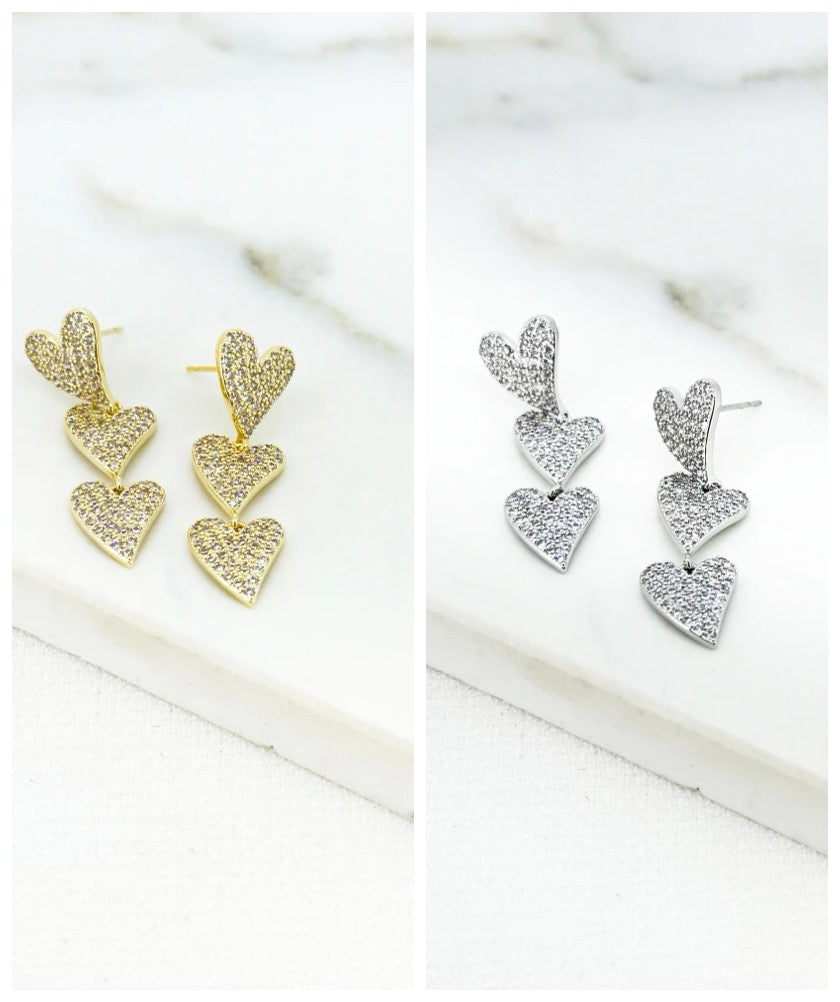 Envy Jewellery Triple Tier Organic Heart Shaped Diamanté Earrings- Gold Or Silver Tones