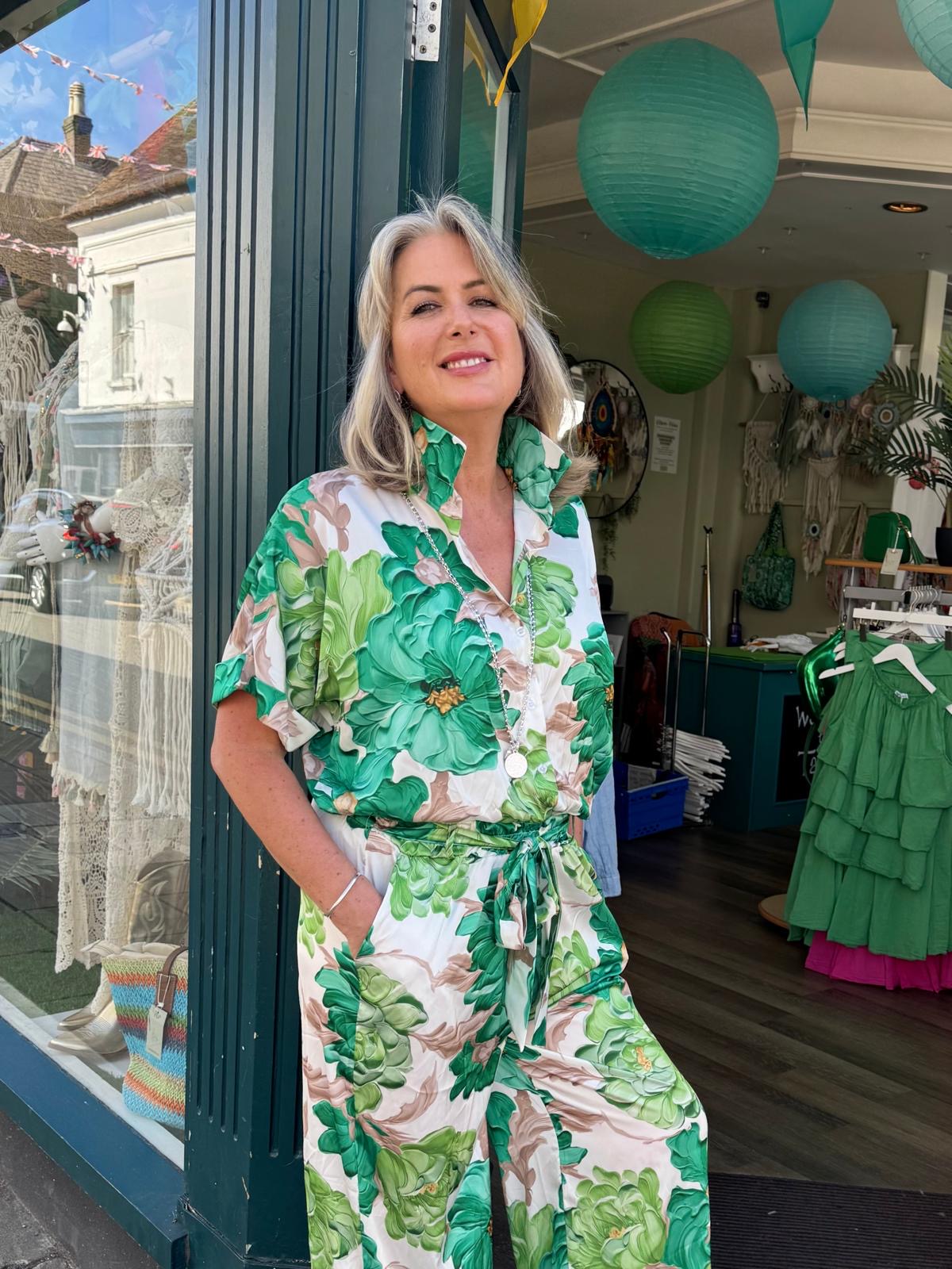 Ginny Floral Satin Co-Ord Shirt & Trousers Set - Green Or Black