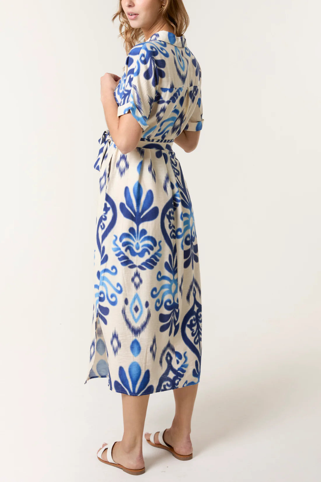 Michelle Ikat Print Short Sleeve Shirt Dress - Green Or Blue