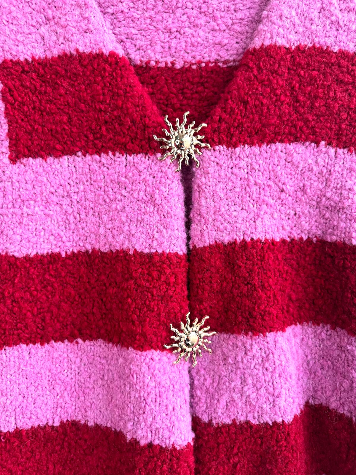 Mimi Pink & Red Fluffy Knitted Waistcoat With Large Gold Sun Brooch Fasteners