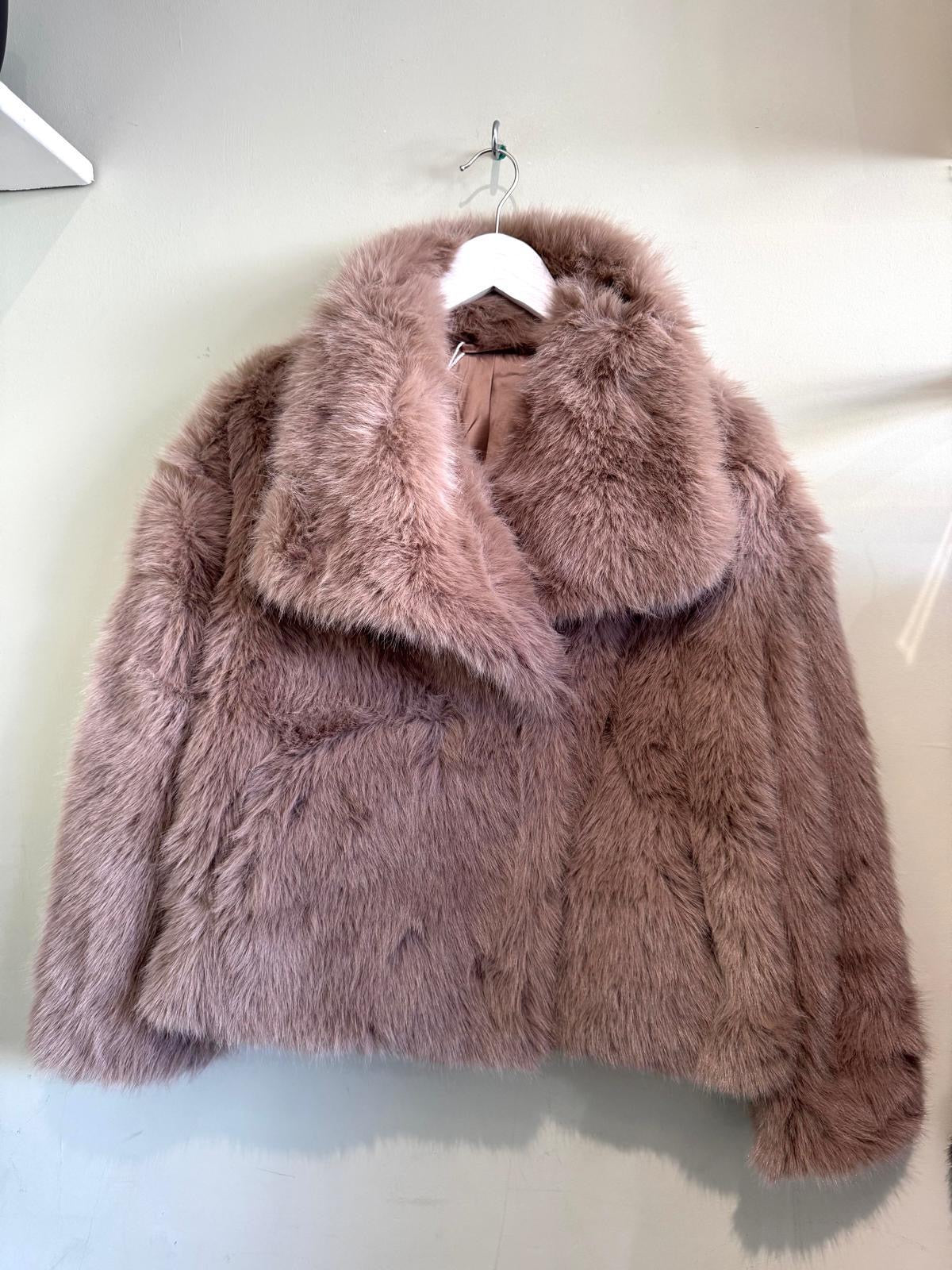 Isla Luxe Faux Fur Jacket With Large Shawl Collar - Taupe