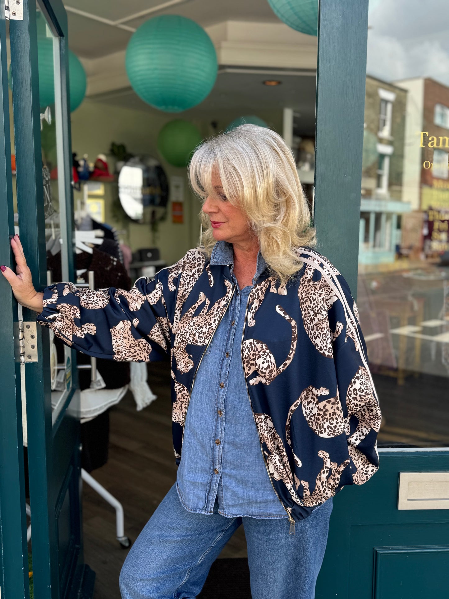 Sonia Leopard Bomber Jacket With Stripe Trim