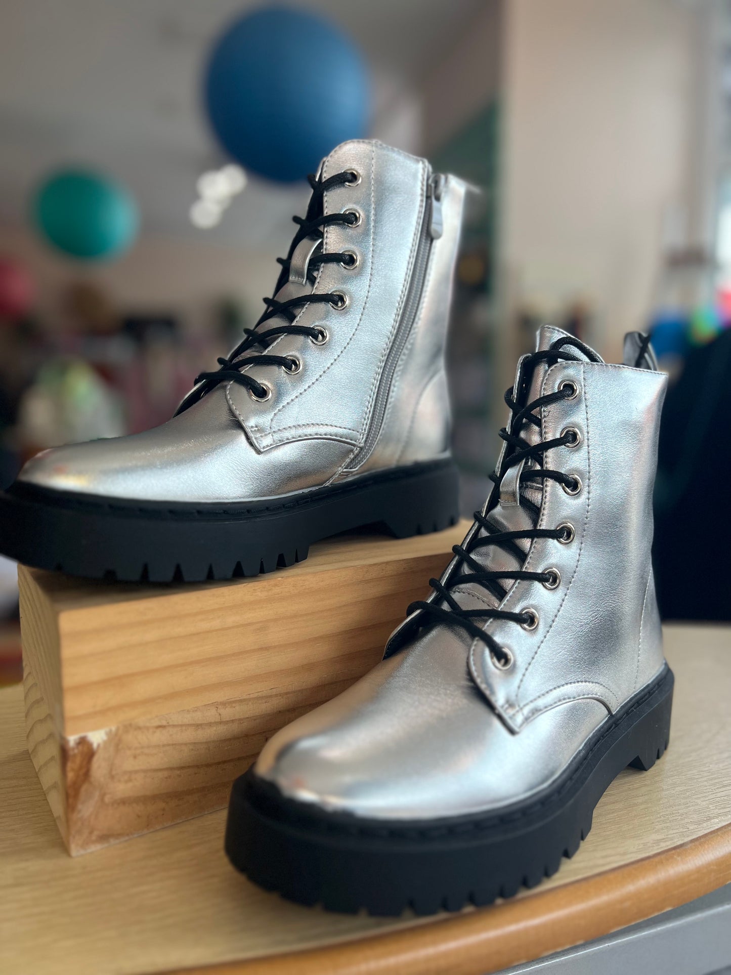 Kiki Silver Thick Soled Lace Up Boots