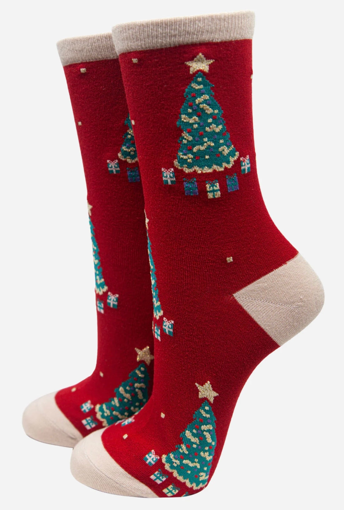 Red Bamboo Christmas Tree Socks