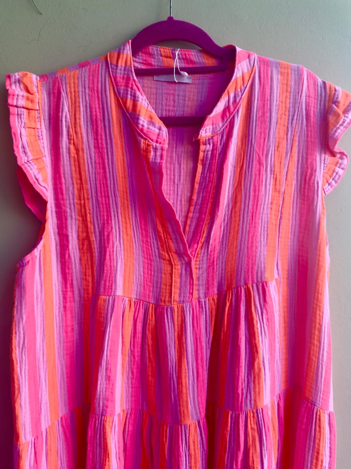 Maddie Neon Pink & Orange Stripe Cotton Cheesecloth Beach Dress