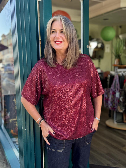 Sara Sequin T Shirt Top - Black or Burgundy Wine