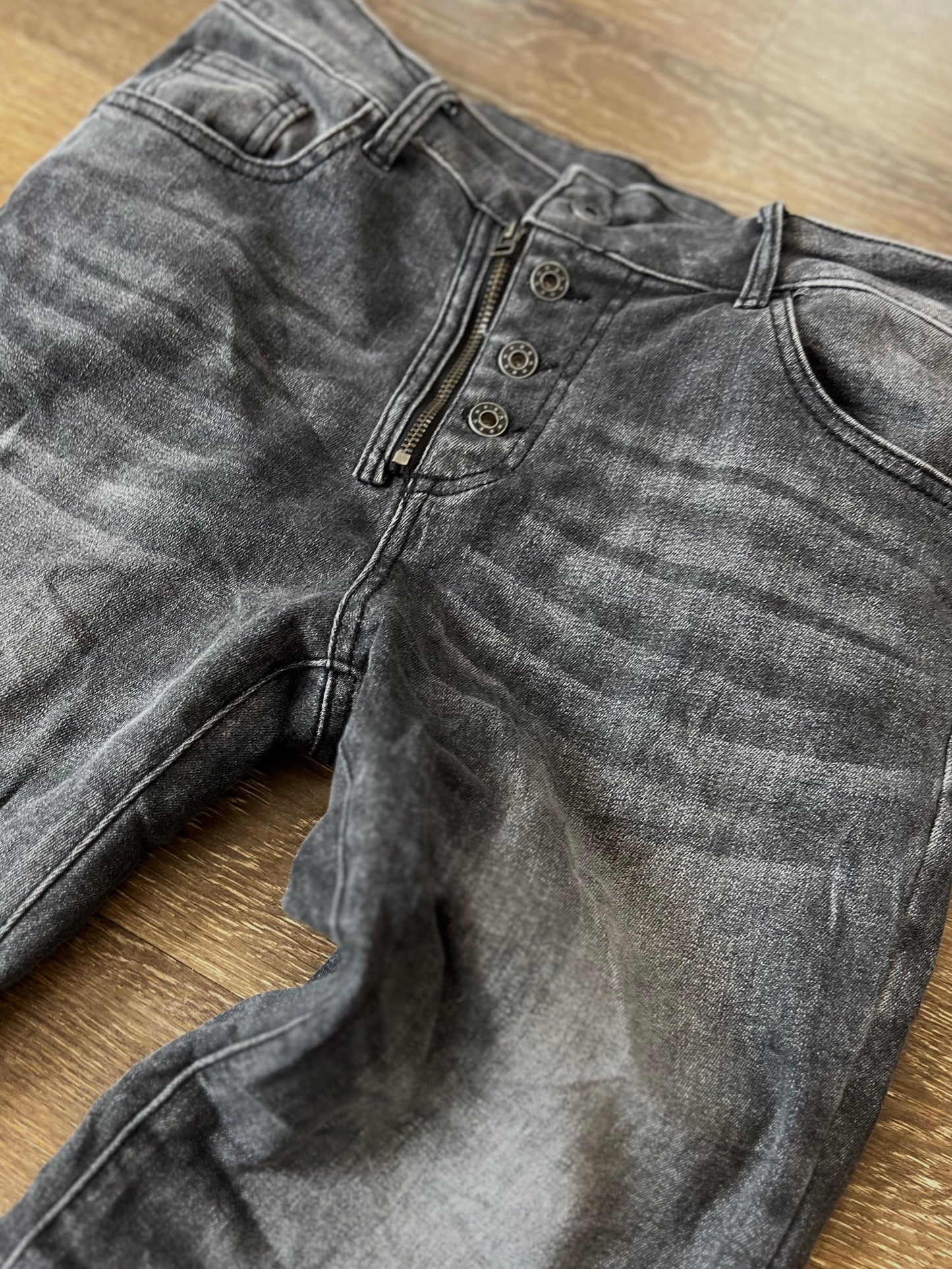 Melly & Co Grey Wash Denim Button & Zip Front Jeans
