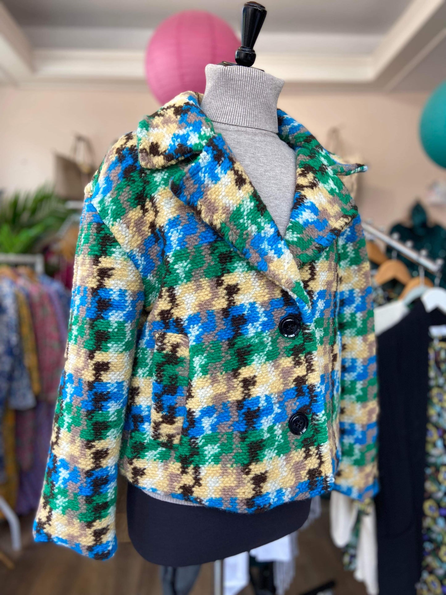 Esther Blue & Green Large Houndstooth Check Jacket