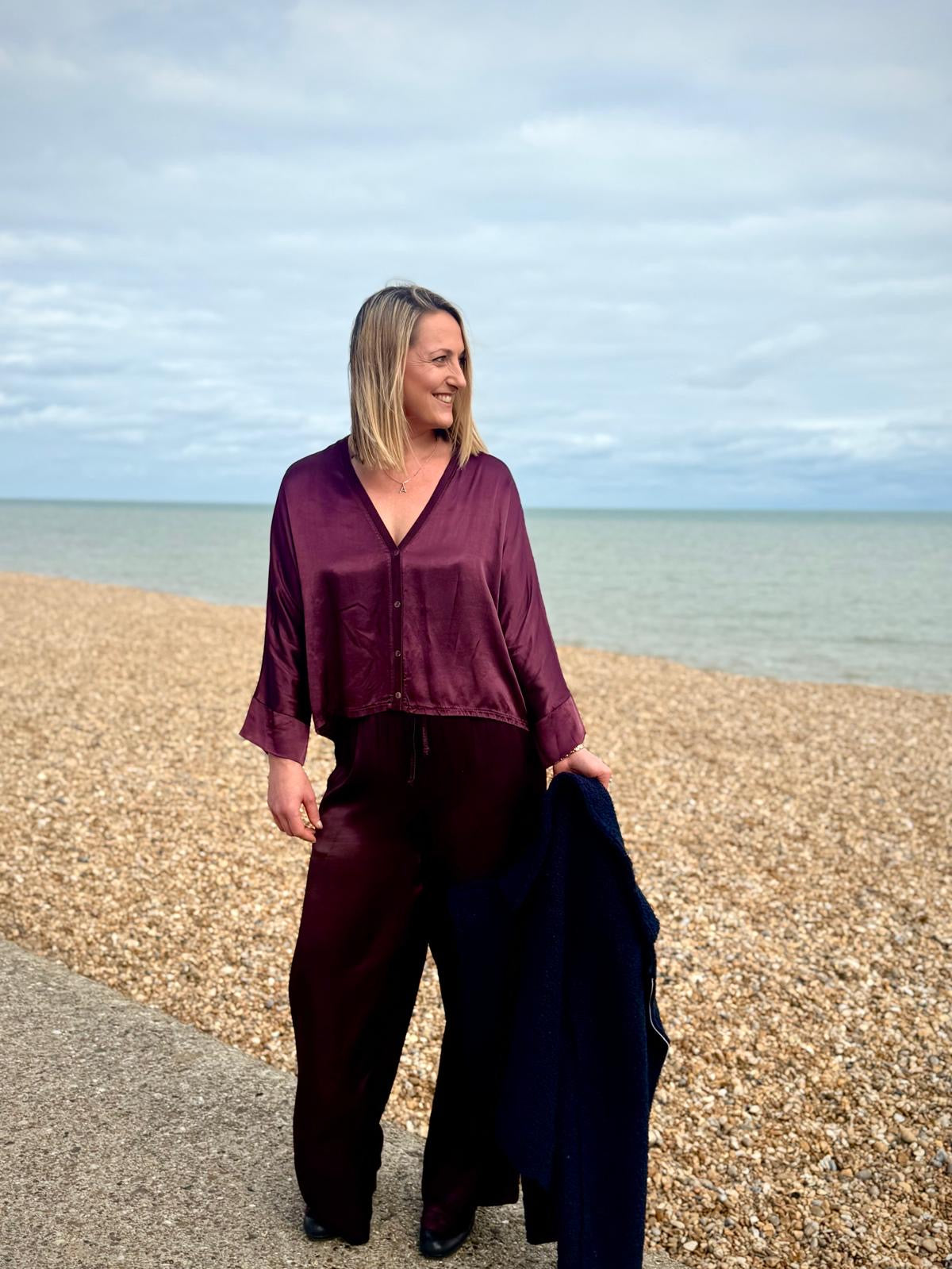 Miranda Wide Leg Slouchy Satin Trousers - Burgundy, Grey or Black
