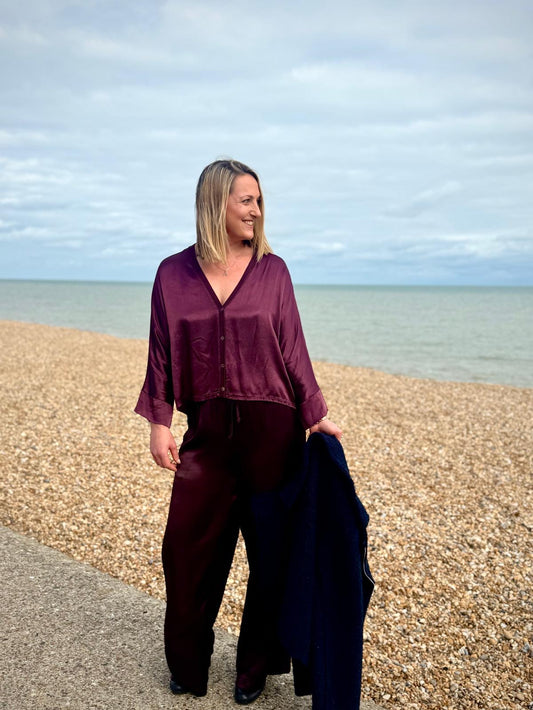 Miranda Wide Leg Slouchy Satin Trousers - Burgundy, Grey or Black