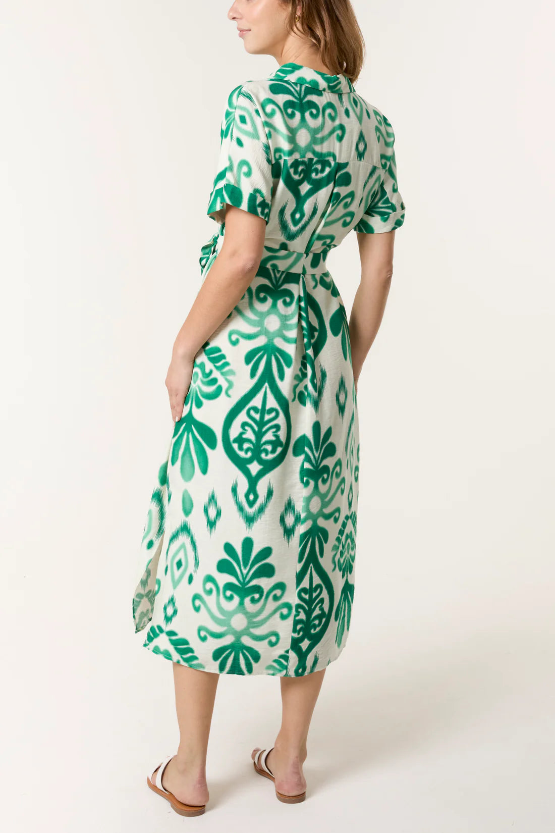 Michelle Ikat Print Short Sleeve Shirt Dress - Green Or Blue