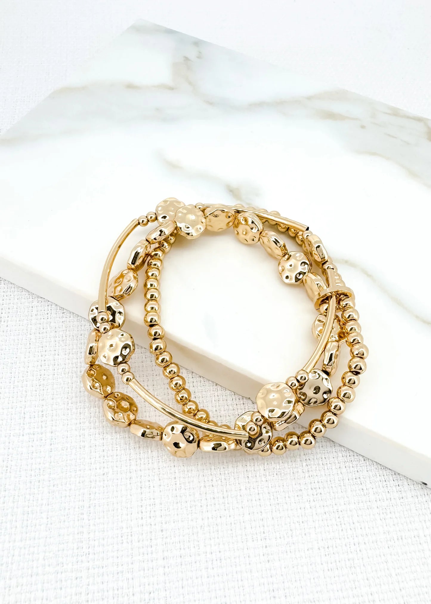 Envy Jewellery Multi-Textured Triple Layer Stretch Bead Bracelet - Silver Or Gold Tones
