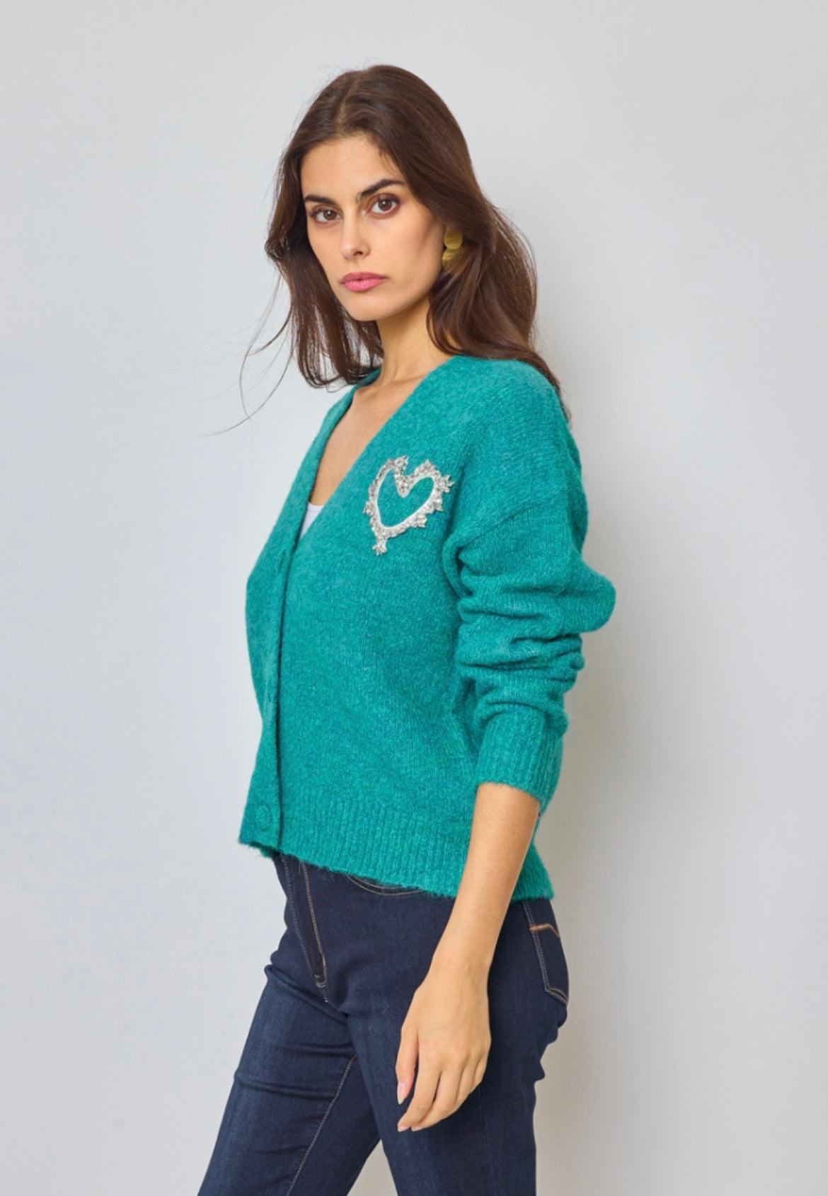 Claudia Crystal Beaded Heart Motif Cardigan - Soft Teal