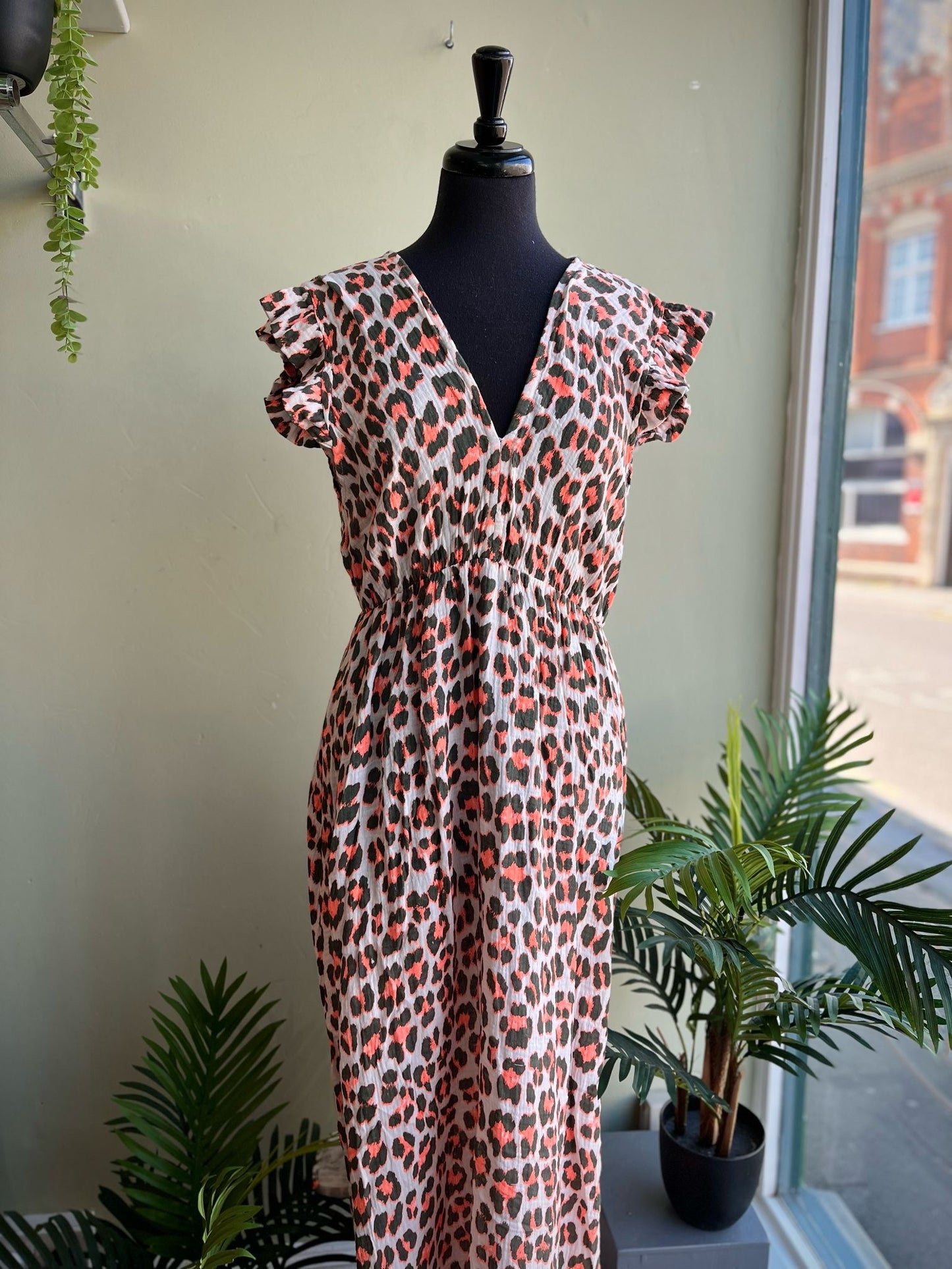 Anna Frill Sleeve Leopard Print Cheesecloth Maxi Dress - Pink Or Orange