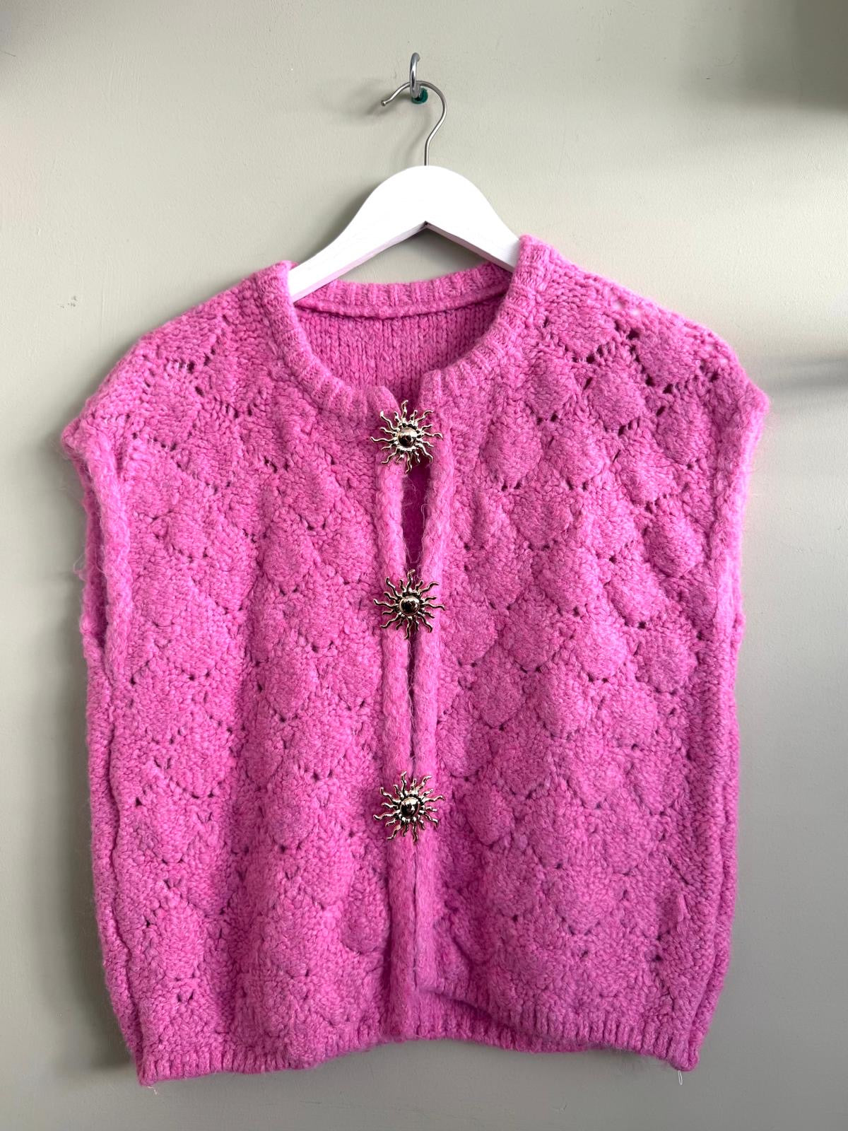Teresa Pointelle Lace Knit Wool Blend Waistcoat Sweater Vest With Feature Sun Brooch Fastening - Sage Green, Rose Pink Or Chocolate Brown