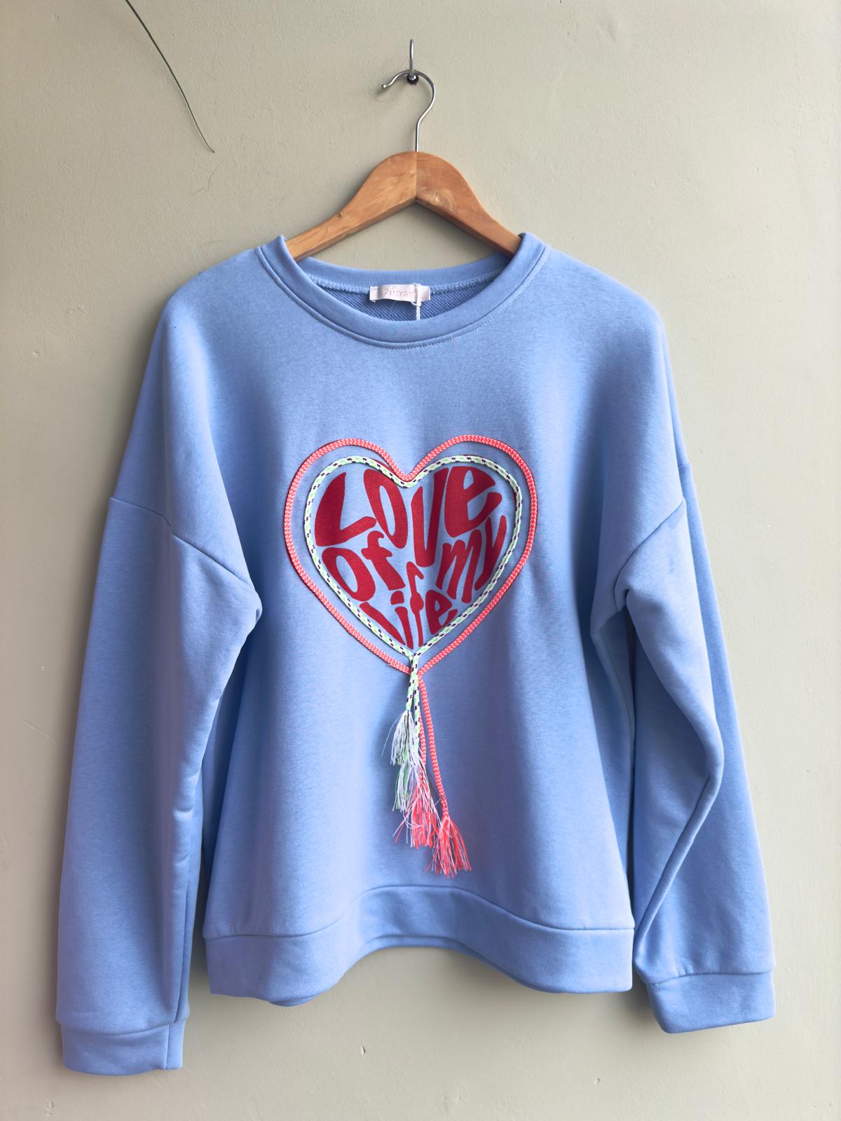 Love Of My Life Heart Graphic Sweatshirt With Tassel Detail - Sky Blue