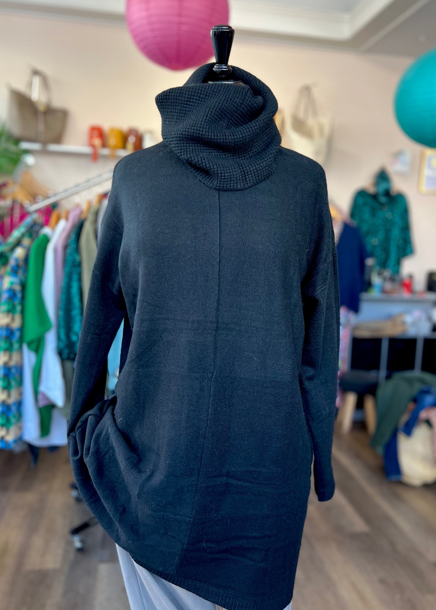 Astrid Longline Jumper With Waffle Knit Roll Neck - Black
