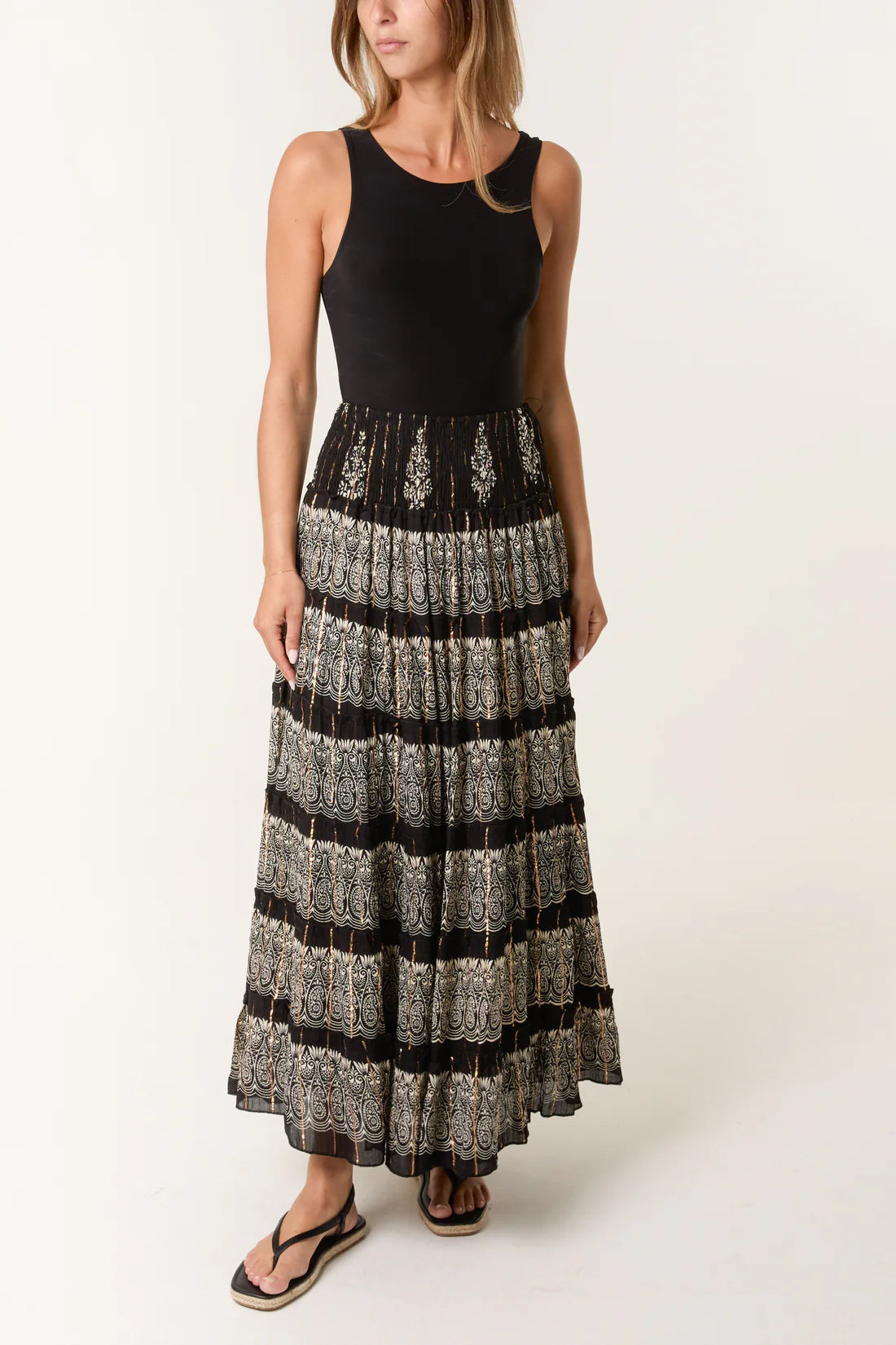 Katie Embellished Black Lurex Stripe Boho Tiered Maxi Skirt