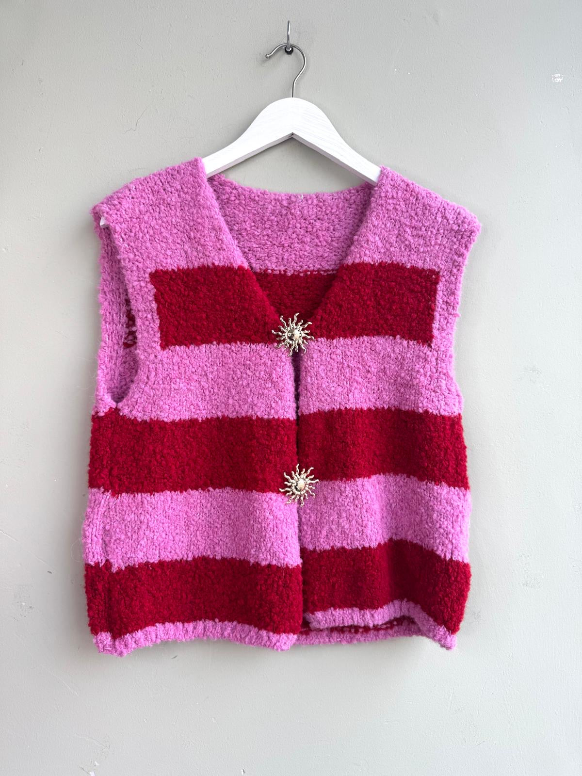 Mimi Pink & Red Fluffy Knitted Waistcoat With Large Gold Sun Brooch Fasteners