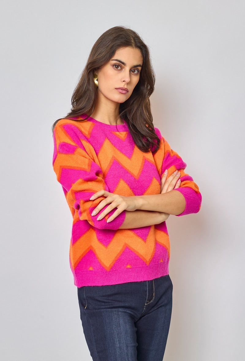 Angela Zig Zag Knit Jumper - Pink & Orange
