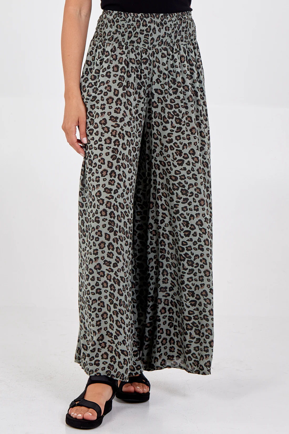 Kitty Shirred Waistband Wide Leg Leopard Print Trousers - Khaki Or Mocha
