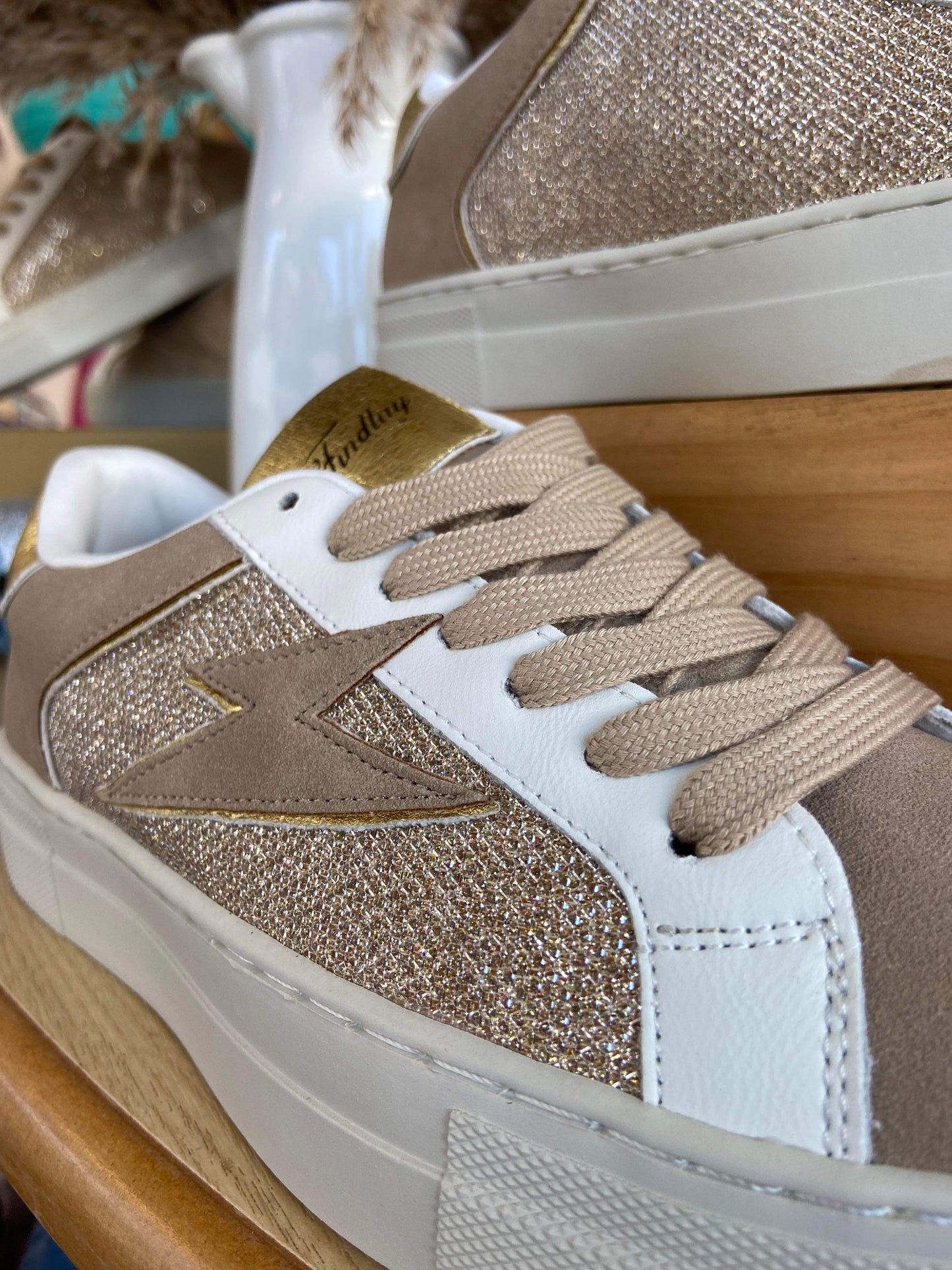 Sheena Neutral Beige Sparkle & Lightning Flash Trainers