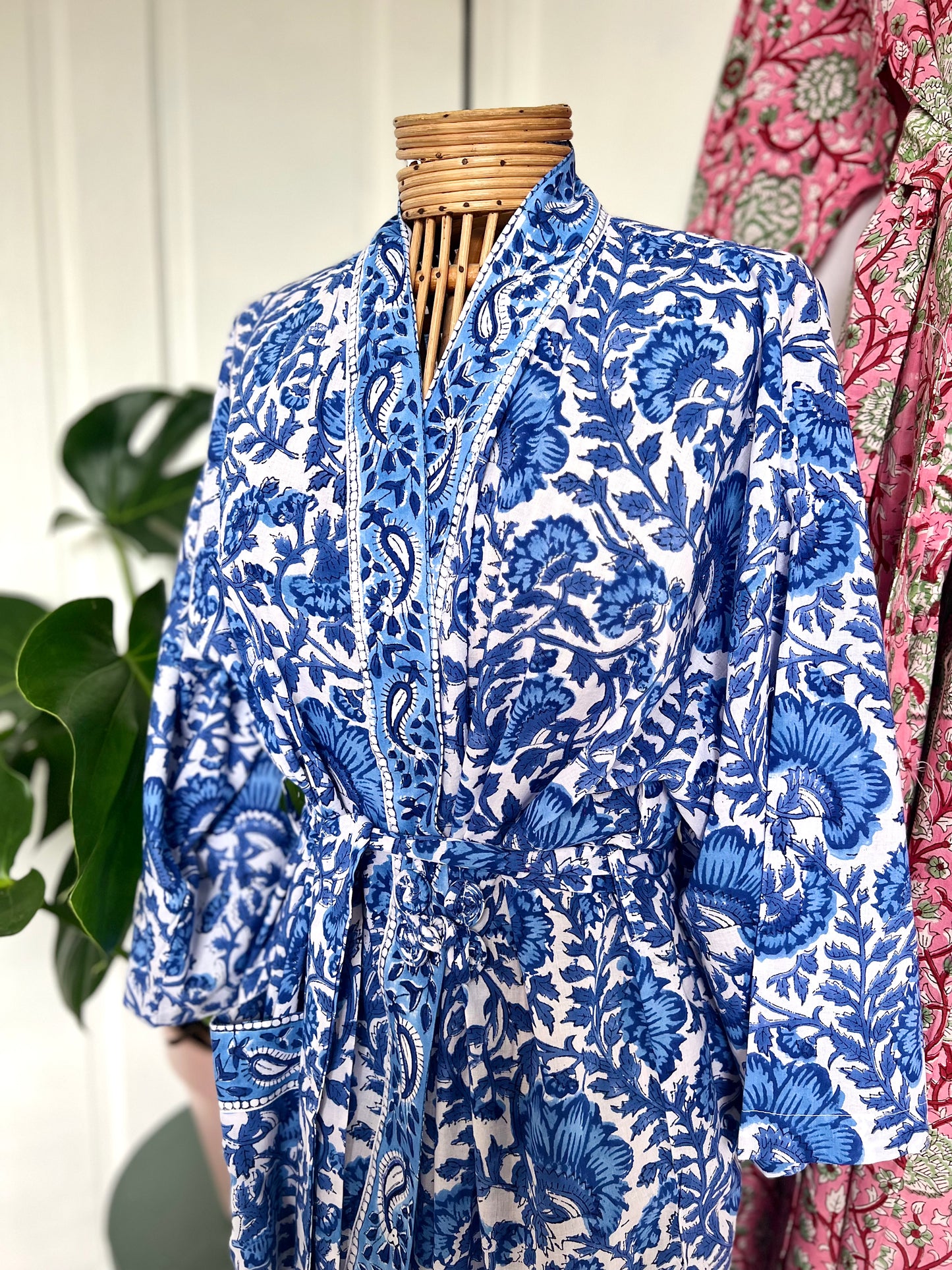 Lillian Hand Block Printed Indian Cotton Dressing Gown Robe - Blue & White Floral