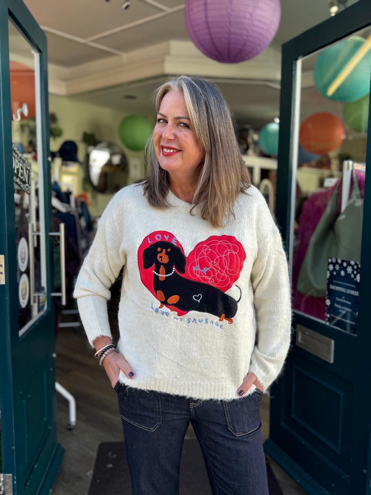 Love Me, Love My Sausage Dachshund Sausage Dog Wool Blend Jumper - Cream
