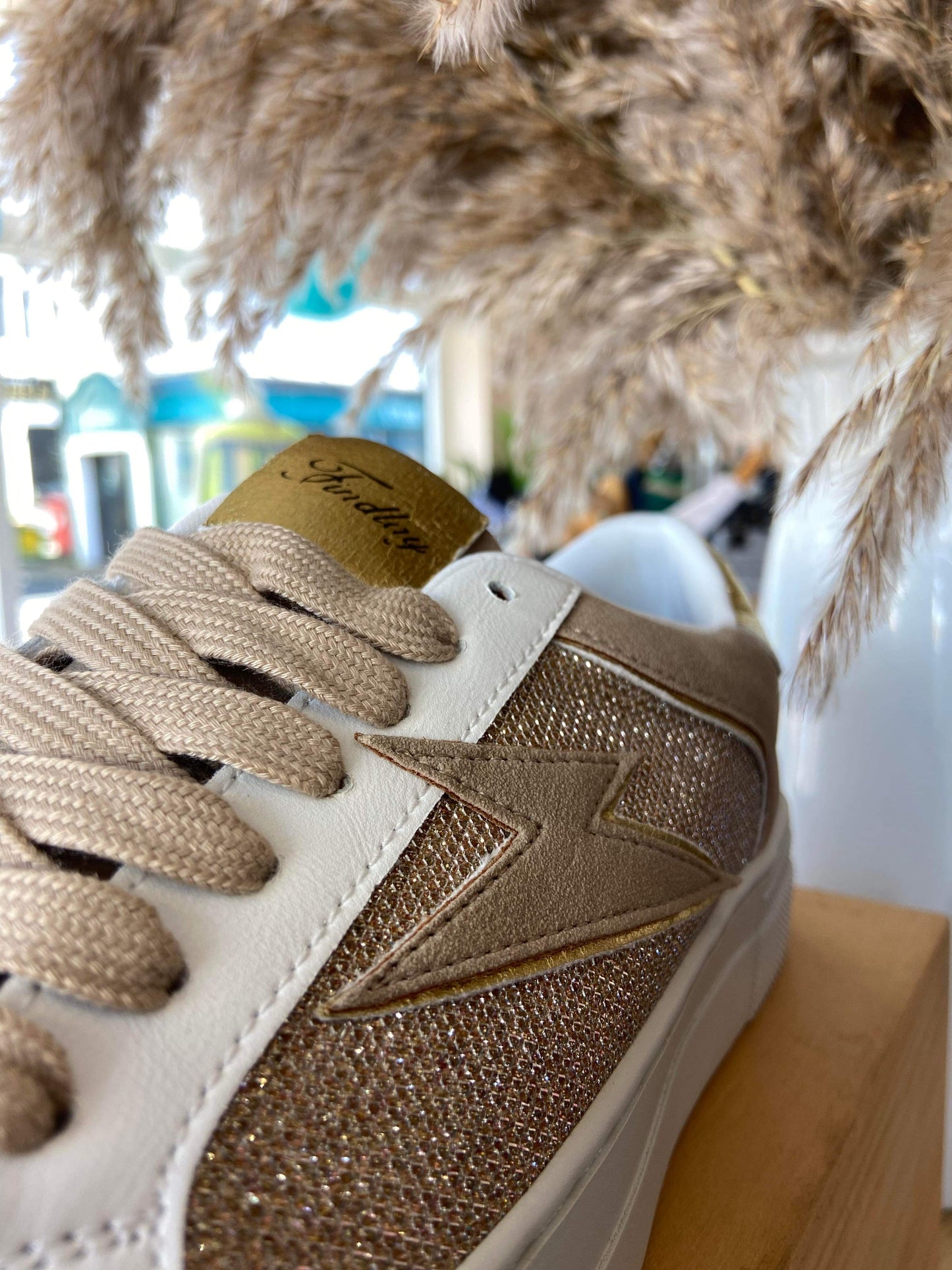 Sheena Neutral Beige Sparkle & Lightning Flash Trainers
