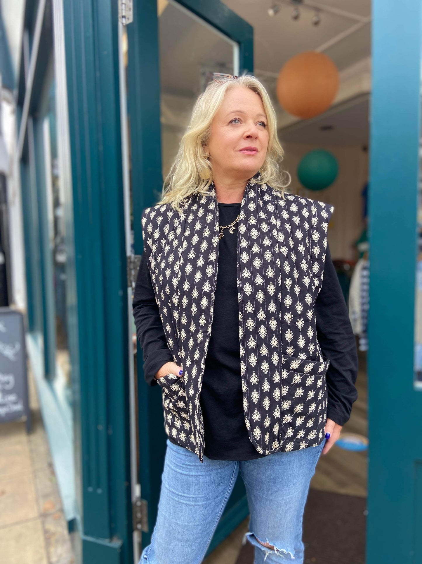 Asha Quilted Black Paisley Gilet Waistcoat